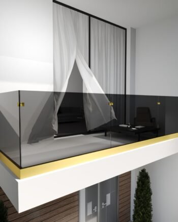 RICCARDO Gold|стеклянное ограждение на балкон или террасу в зажимном профиле золотого цвета из закаленного тонированного стекла графит