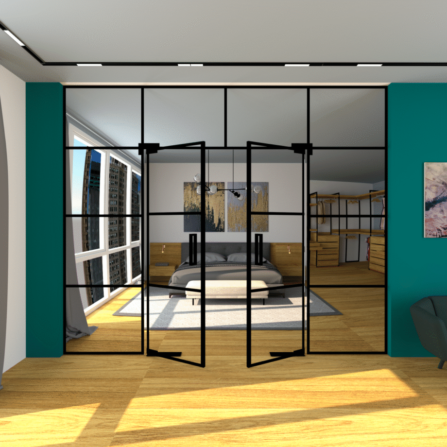 ROMEO Loft|перегородка скляна з подвійними маятниковими дверима по центру (4) купити з доставкою в Україні - splenko.com