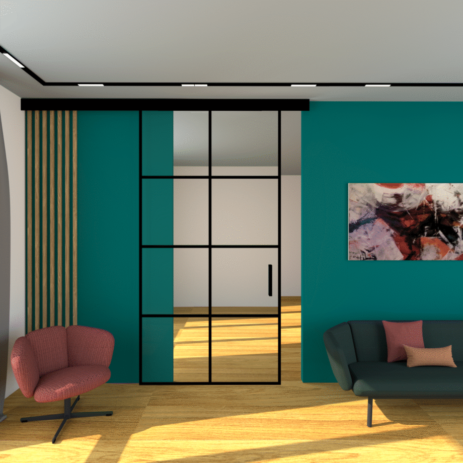 DEVID Loft|двері скляні розсувні по центру до стелі (4) купити з доставкою в Україні - splenko.com