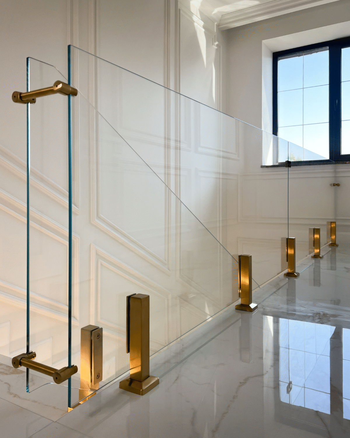 GUSTAVO Gold|скляне огородження сходів на підсилених стійках золотого кольору із загартованого надпрозорого скла діамант (7) купити з доставкою в Україні - splenko.com GUSTAVO Gold|скляне огородження сходів на підсилених стійках золотого кольору із загартованого надпрозорого скла діамант (7) купити з доставкою в Україні - splenko.com