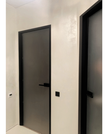 ALONZO Black|glass interior door in a black box with a hidden curtain made of graphite glass with frosted finish