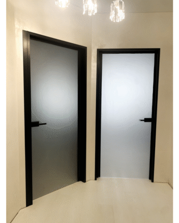 ALONZO Black|frosted glass interior door in aluminium black box on a curtain strip