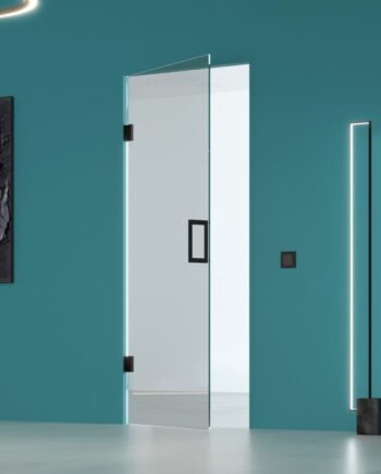 ALBERTO Black|двері міжкімнатні без короба на завісах з чорною фурнітурою та з прозорого скла (14) купити з доставкою в Україні - splenko.com