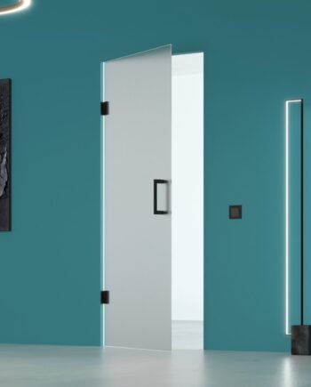 ALBERTO Black|двері міжкімнатні без короба на завісах з чорною фурнітурою та з прозорого матованого скла (16) купити з доставкою в Україні - splenko.com