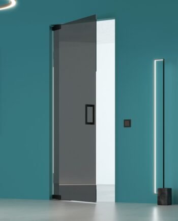 OLIVER Black|двери маятниковые с доводчиком в черной фурнитуре из тонированного стекла графит