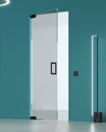 OLIVER Black|двери маятниковые с доводчиком в черной фурнитуре из прозрачного стекла