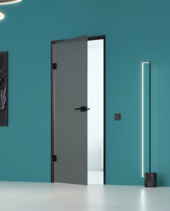 ADRIANO Black|двери в черном алюминиевом коробе из тонированного стекла графит с матированием