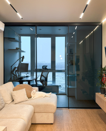 FREDO Loft|перегородка телескопическая стеклянная с раздвижными дверями из стекла графит