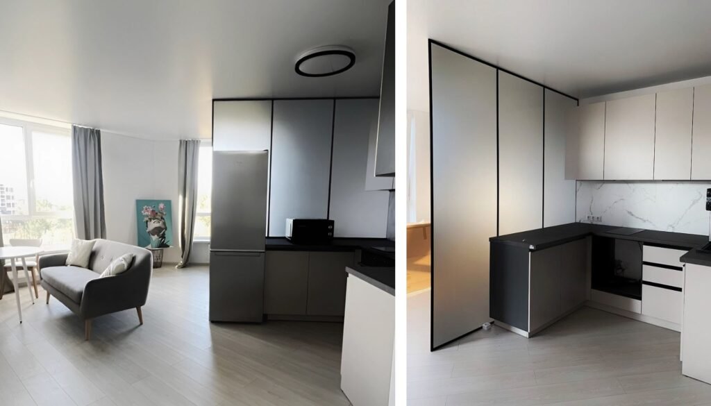 Розділення кімнати і кухні скляною перегородкою