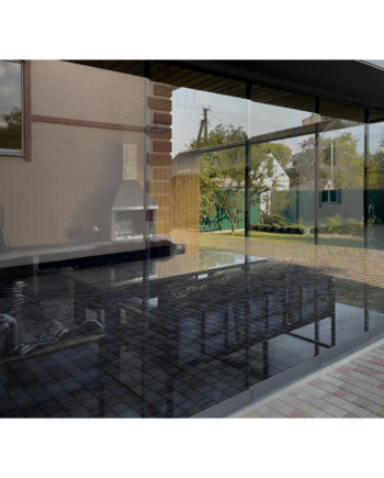 Слайдинг-система розсувна для безрамного скління тераси, альтанки з тонованого скла графіт